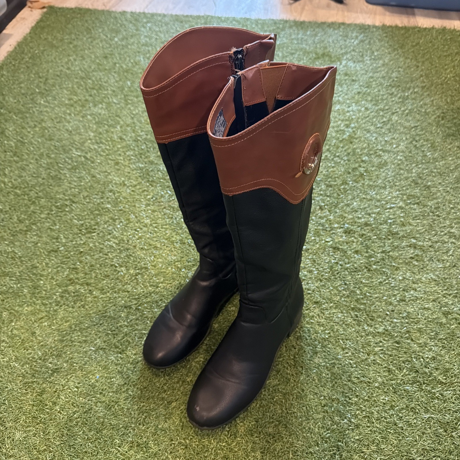 Nautica Women’s Black Cognac Full Zip Knee High Riding Gallatin Boots Size 8
