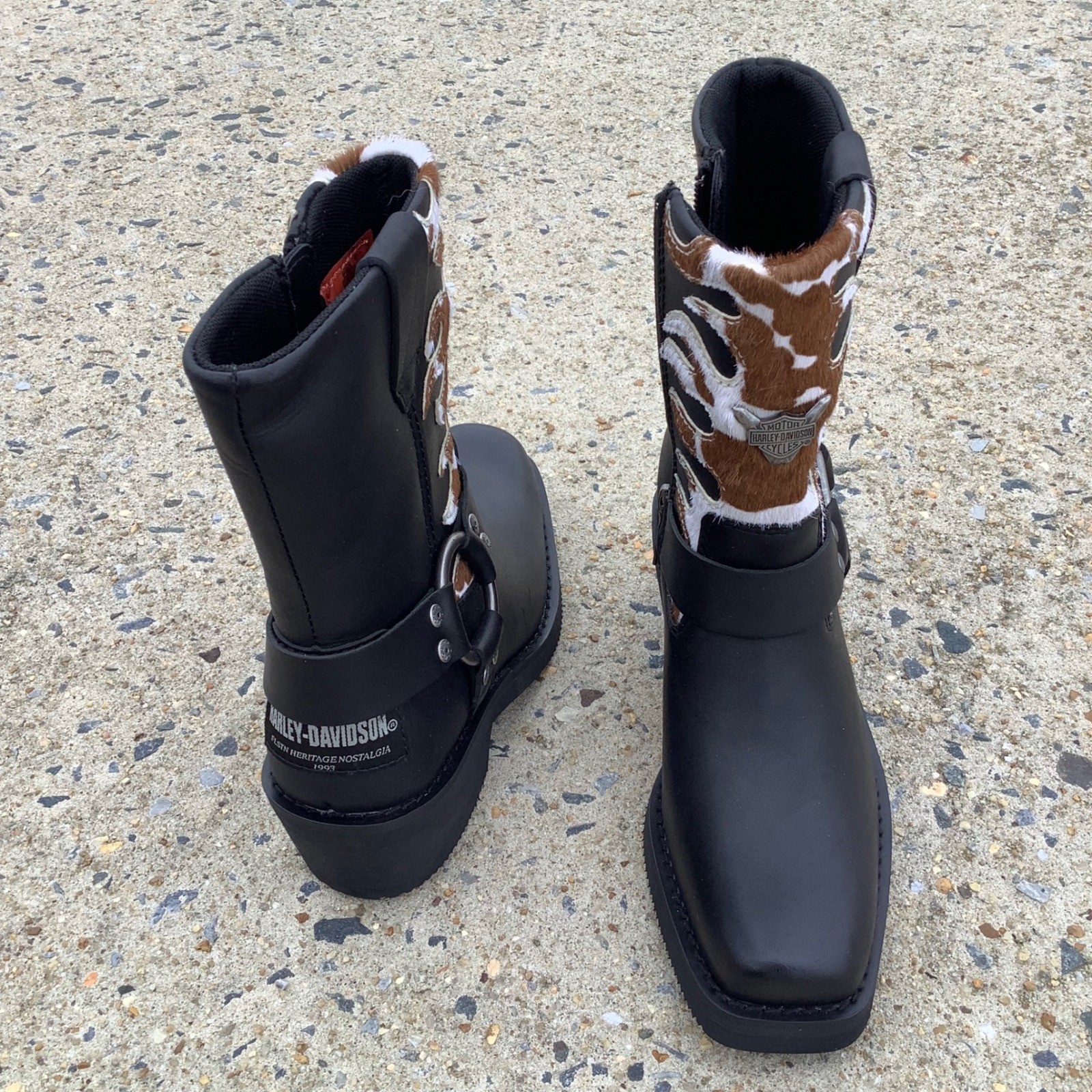 Harley Davidson Heritage Nostalgia Cow Print Flame Leather Boots D87274 Black 5M