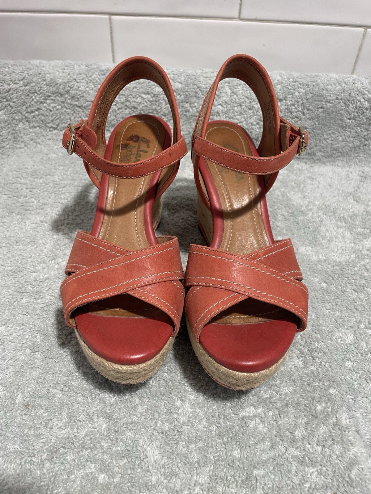 Clarks Orange/Beige Leather Wedge Espadrille Sandals Ankle Strap Buckle 5.5