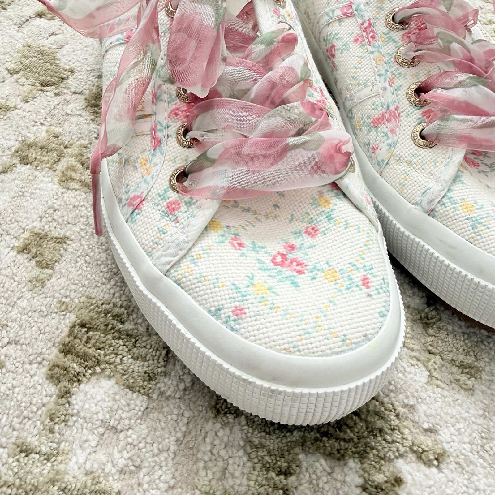 Superga x LoveShackFancy Floral Ribbon Sneakers Size 37 White Pink