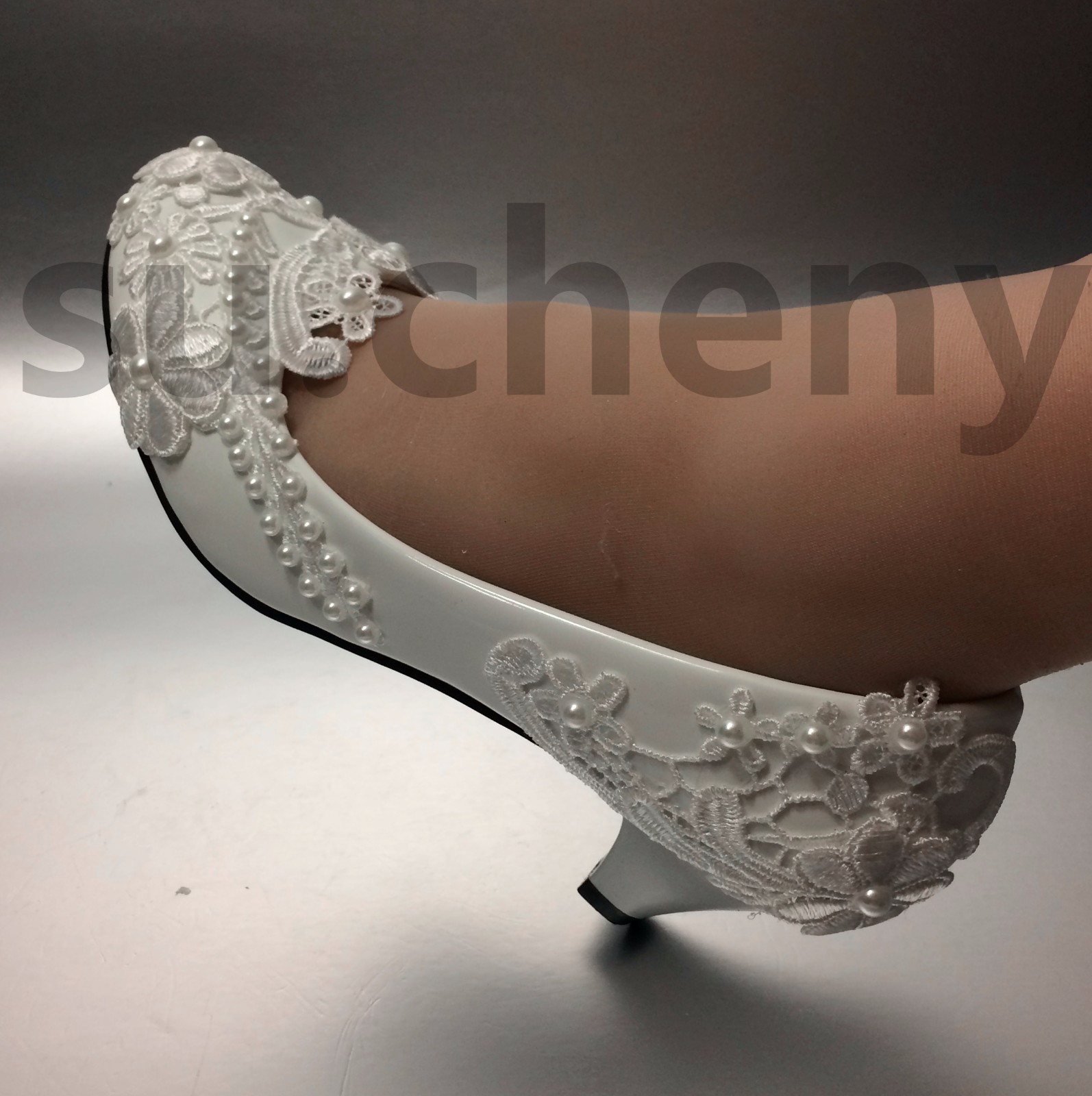 su.cheny Lace white ivory pearls flats low high heel pumps Wedding Bridal shoes