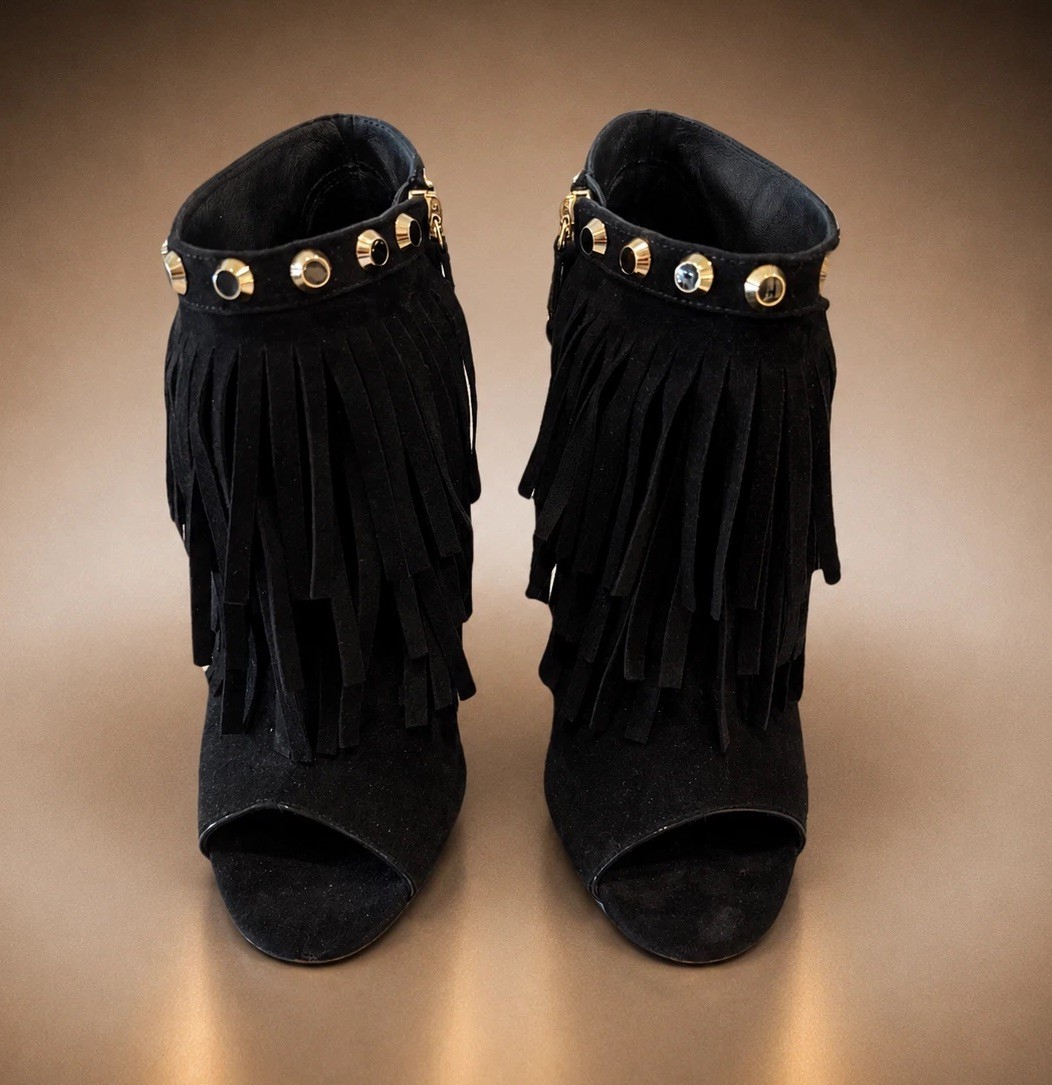 NEW Ballin Black Suede Fringe Studded Peep Toe Stiletto Ankle Bootie