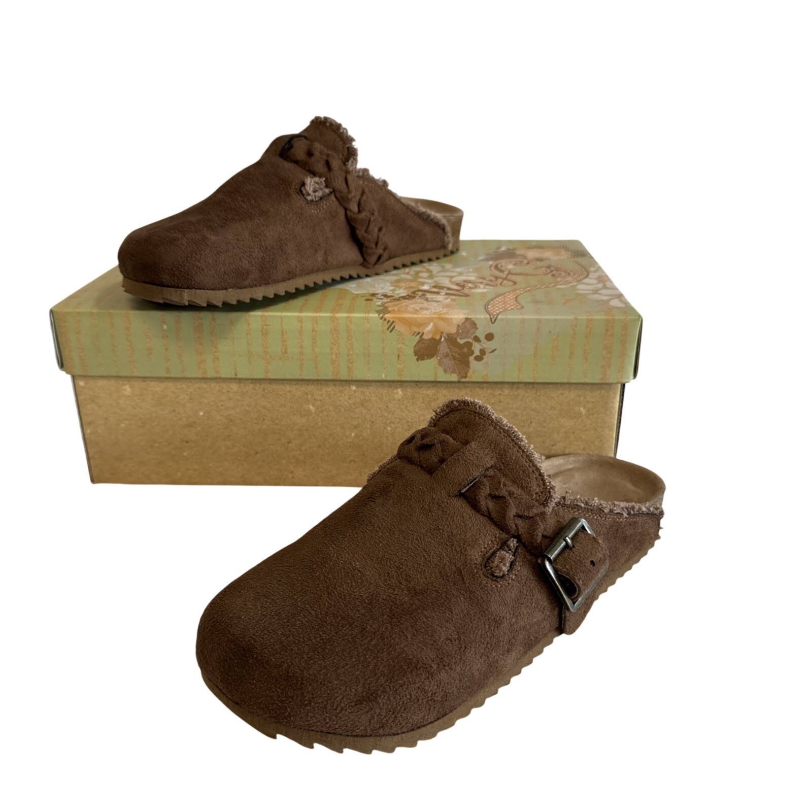 Very G Iris Tan Suede Braided Buckle Clog Mule Shoes Size 6