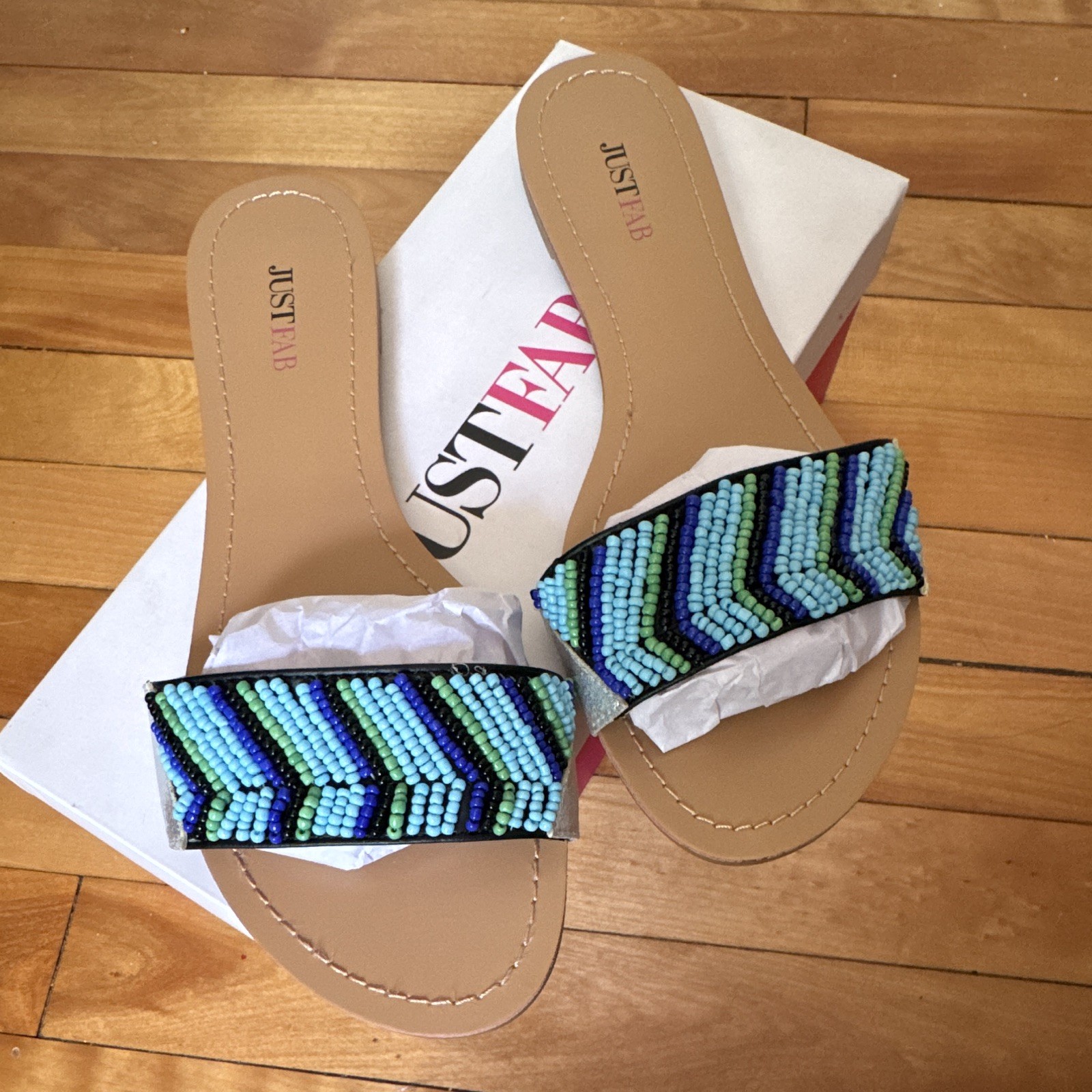 Justfab Women’s Slide Sandals Blue Chevron Beaded Strap US 9 EU 40