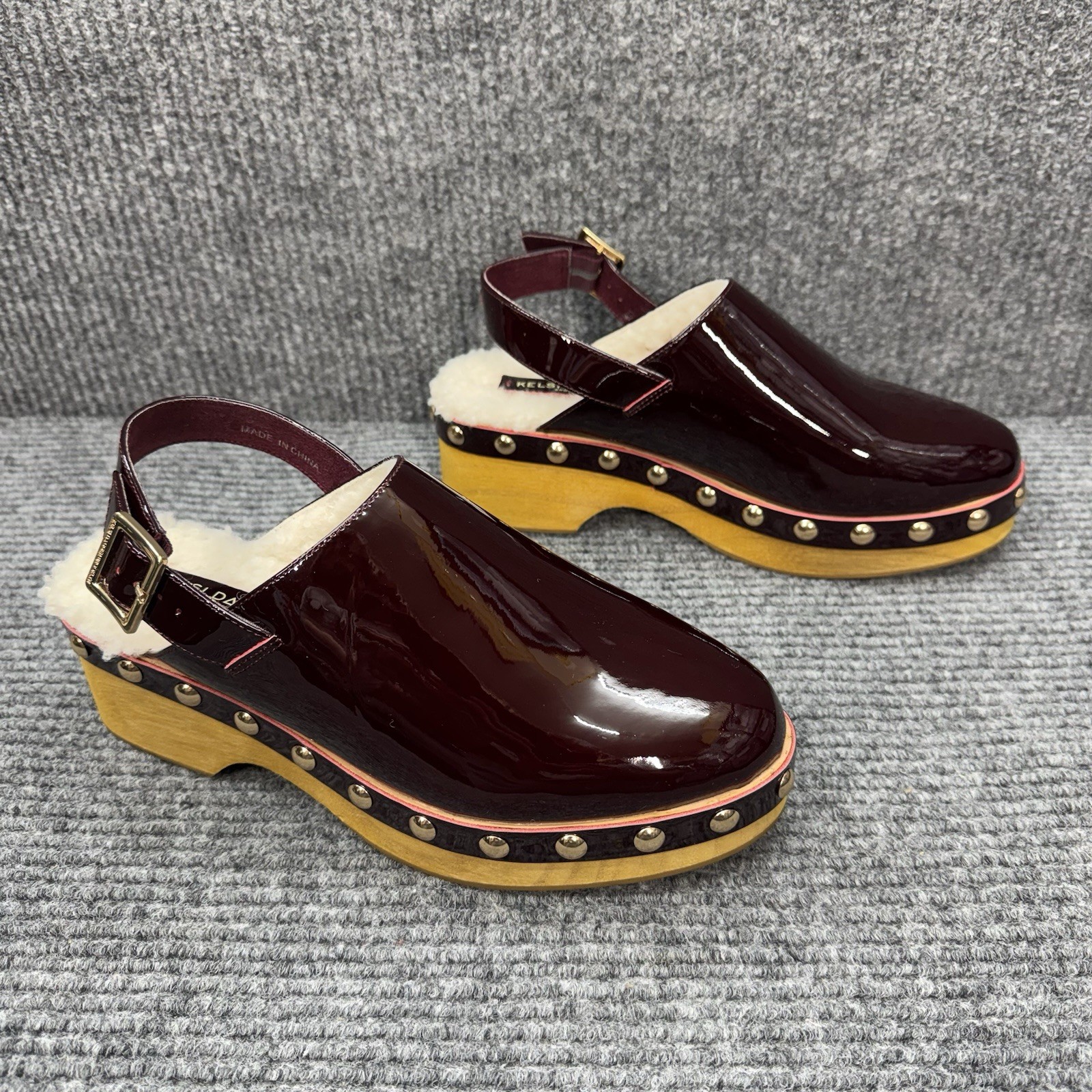 Kelsi Dagger Platform Clogs Women’s 9 Burgundy Patent Leather Studded Slingback