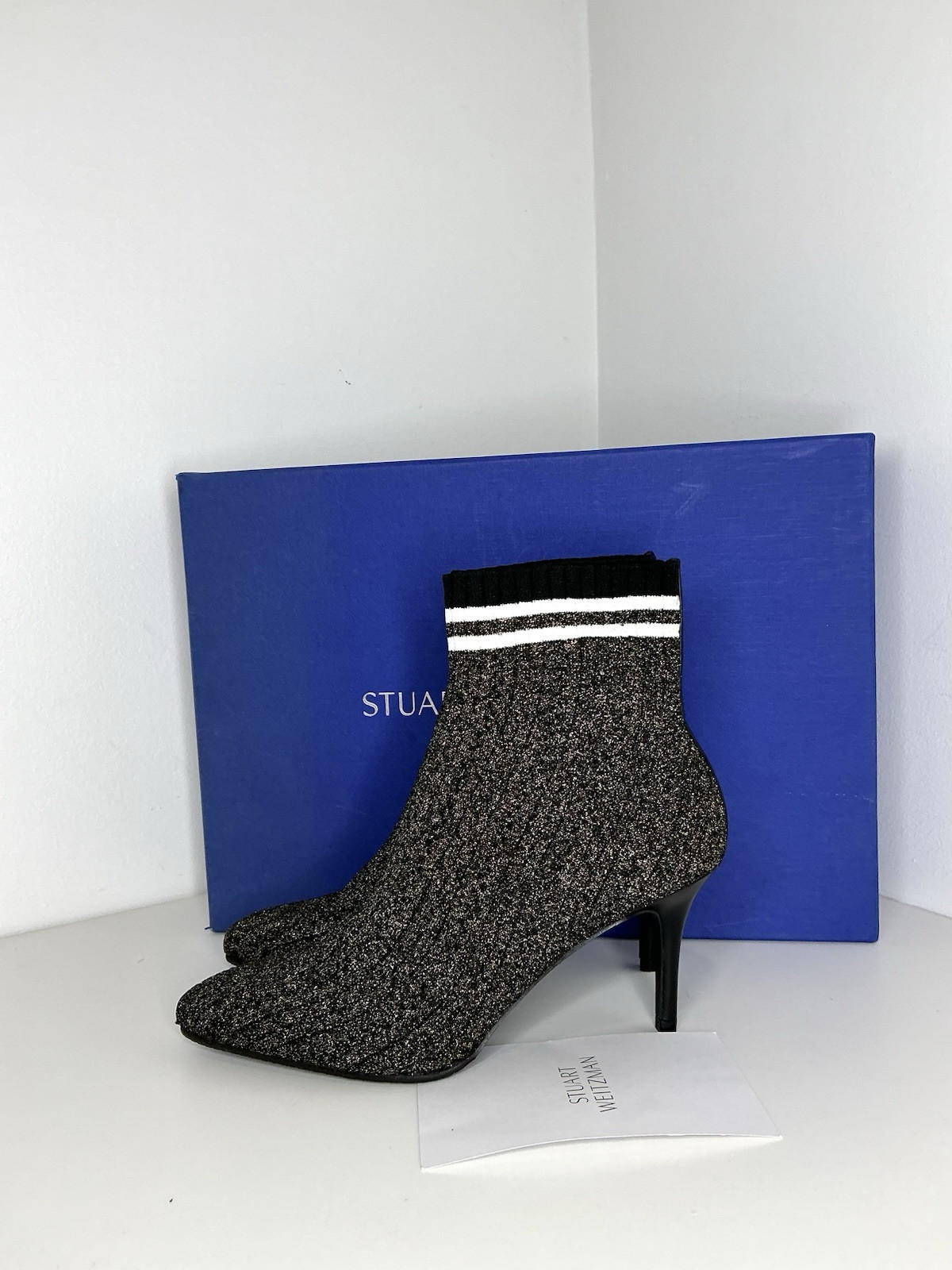 NEW $575 Stuart Weitzman Women’s Waverly Sock Bootie Black Gold US 9 M