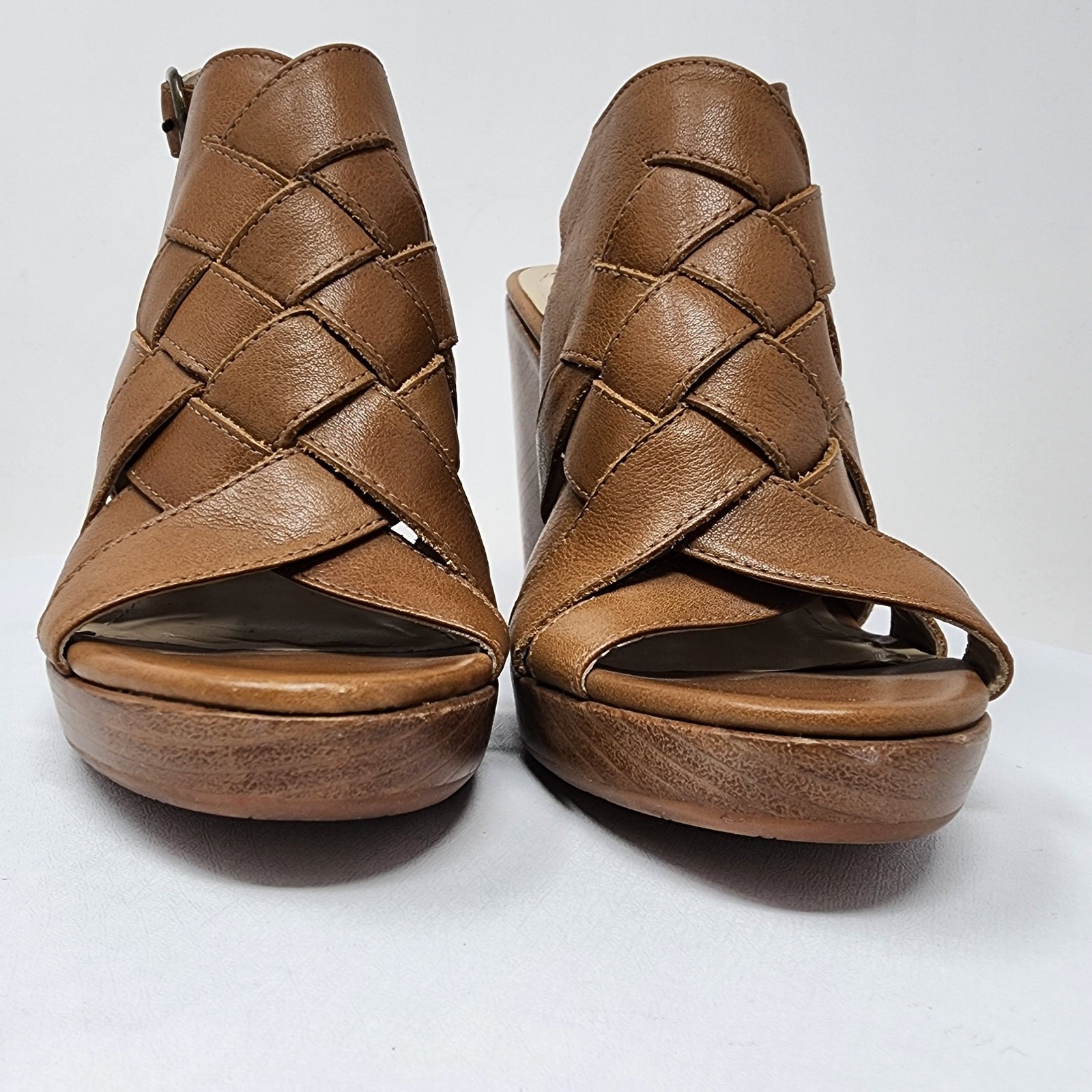 Johnston & Murphy Missy Sandal Women 7M Wedge Slingback Tan Criss Cross Leather