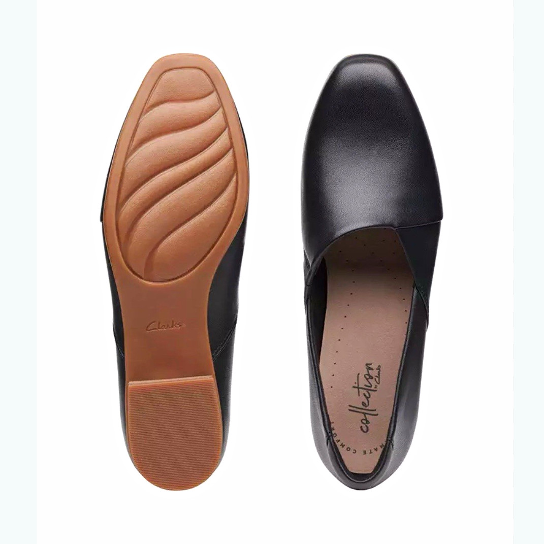 Clarks Black Leather Solid Round Toe Slip-On Comfort Block Heel Pumps US 9