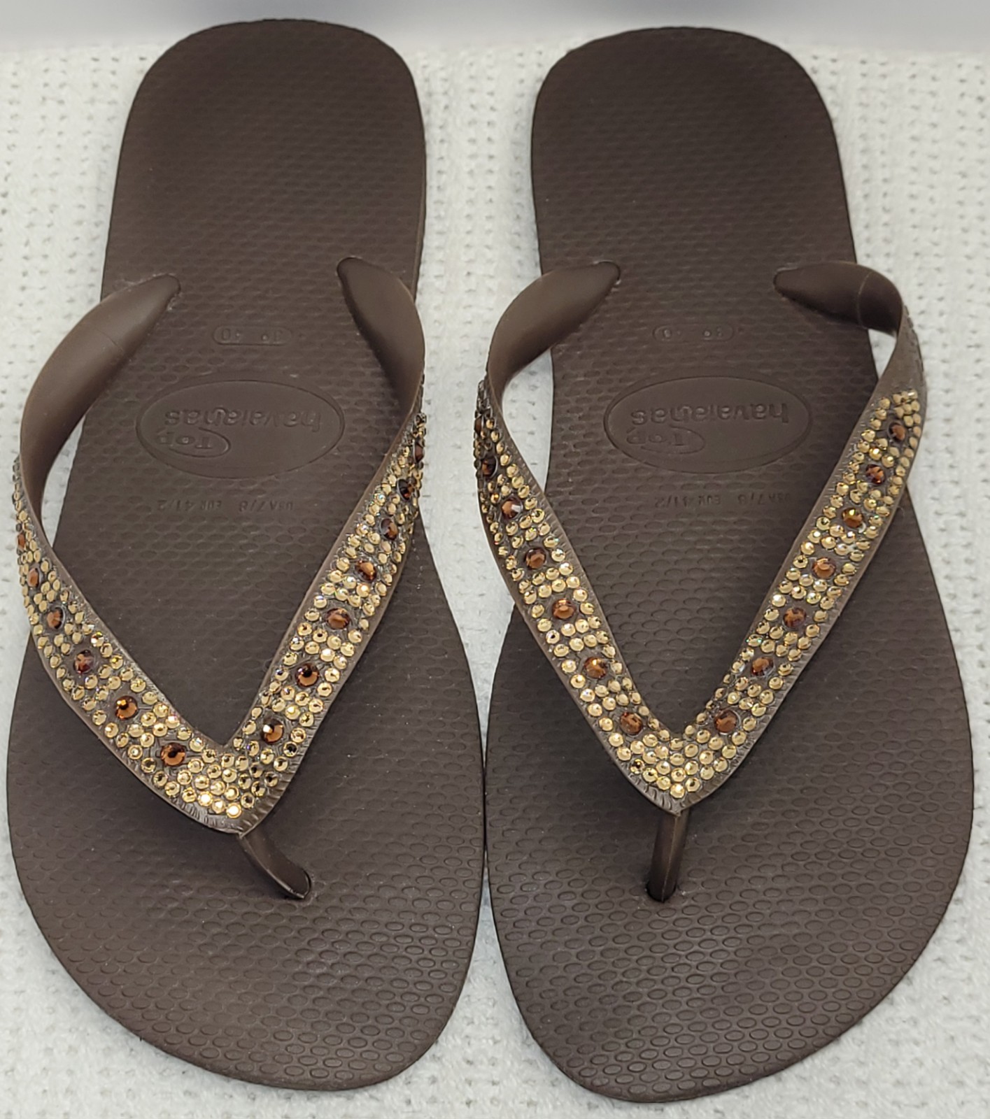 Havaianas Slim Glitter II brown sandals & rhinestone embellished straps W 9/10