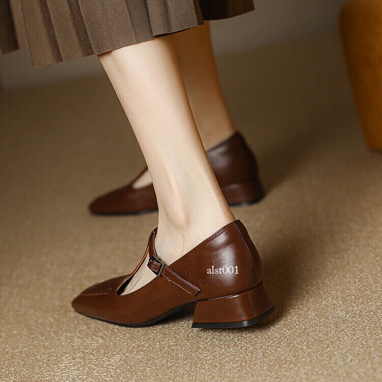 Vintage Faux Leather Mary Jane Womens Low Heels Square Toe T-Strap Shoes OL Pump