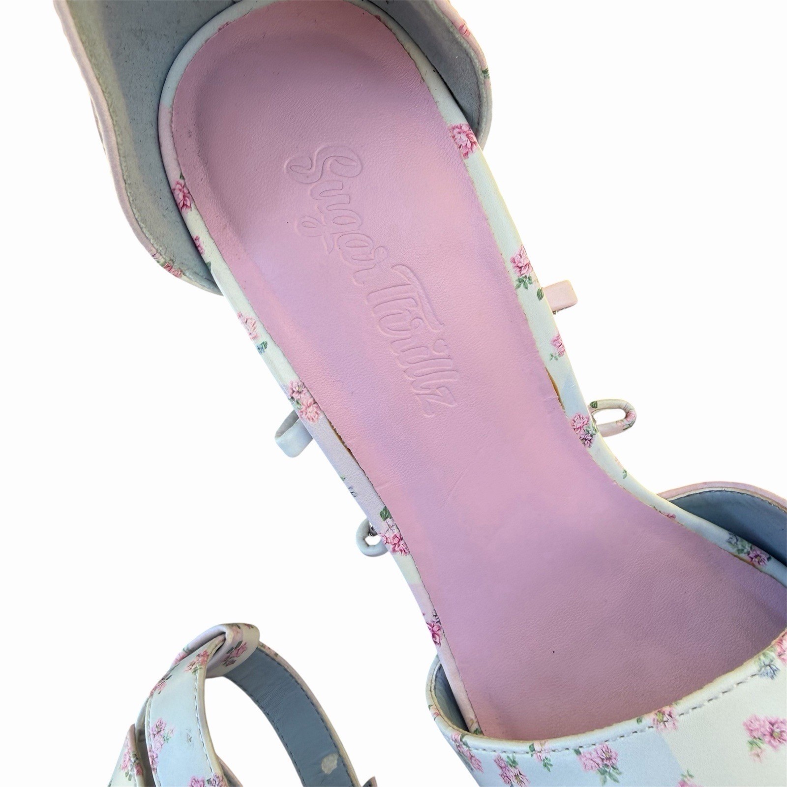Dolls kill sugar thrillz patchwork pink floral revelation platform heels Size 6