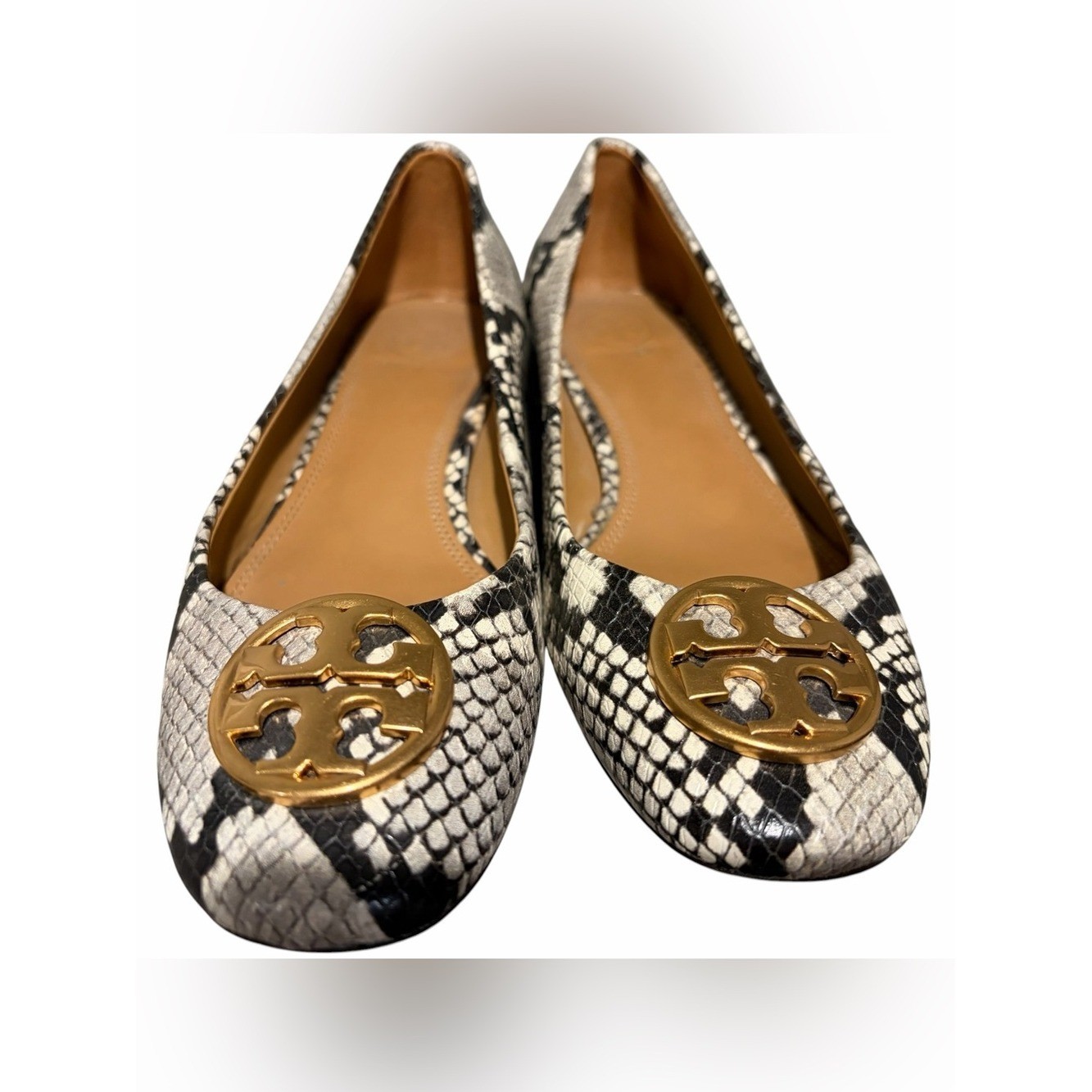 Tory Burch Chelsea Round-Toe Snakeskin-Embossed Leather Pumps.