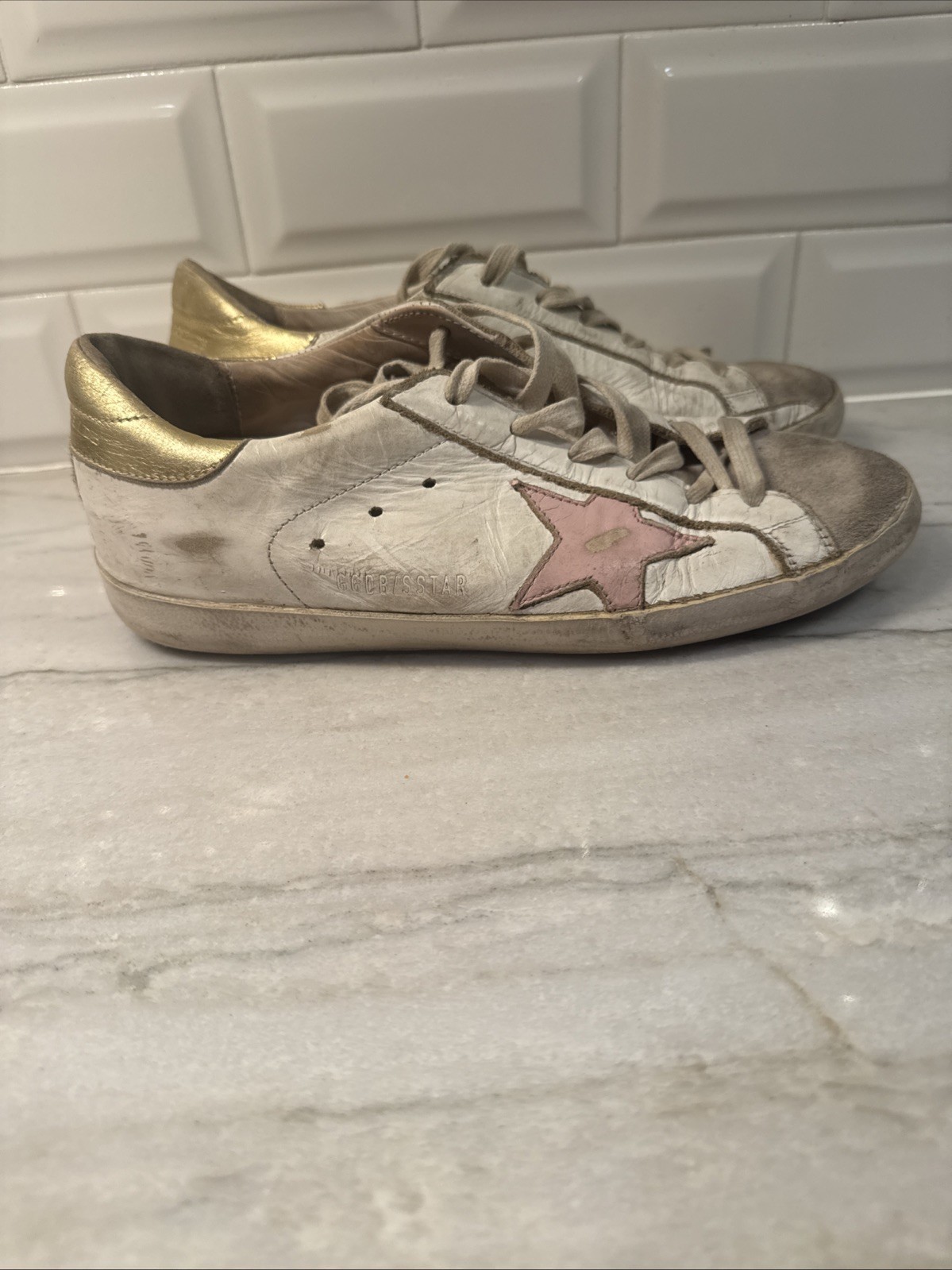 Golden Goose Super Star Sz 38 White Pink Gold Leather Low Top GGDB Lace Up
