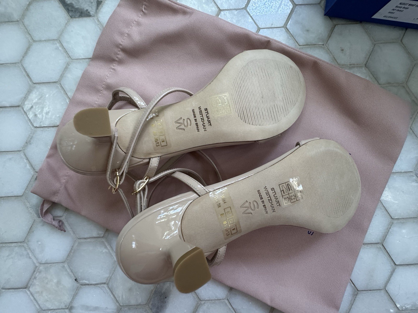 Stuart Weitzman Beige Patent Leather Strappy Ankle Strap Block Heel 8B