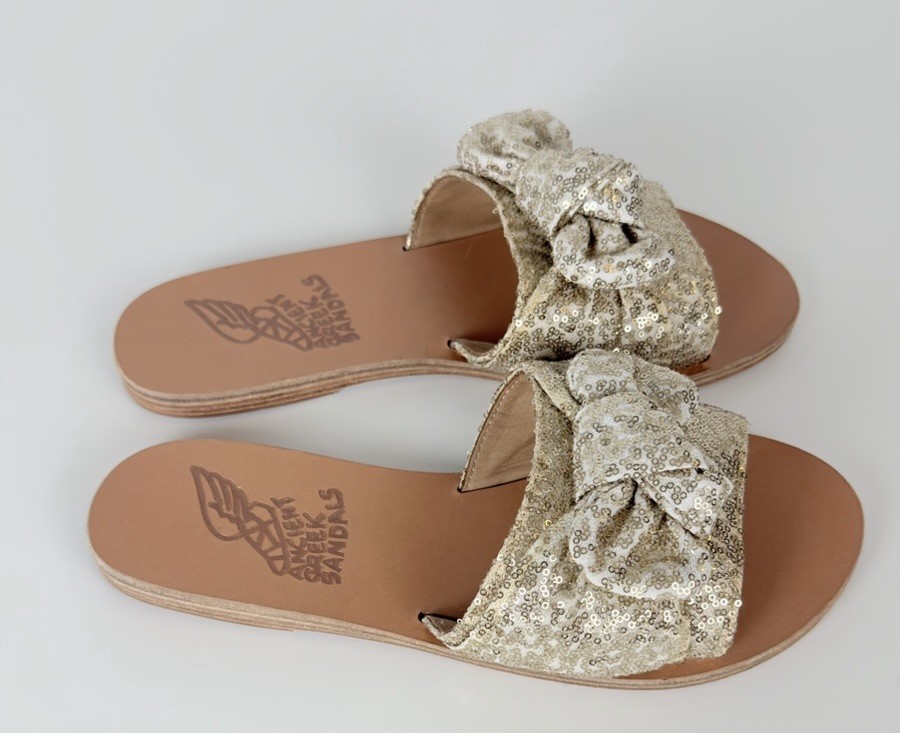 Ancient Greek Sandals Taygete Bow Gold Sequin Slide Sandals Size 37 NWOT