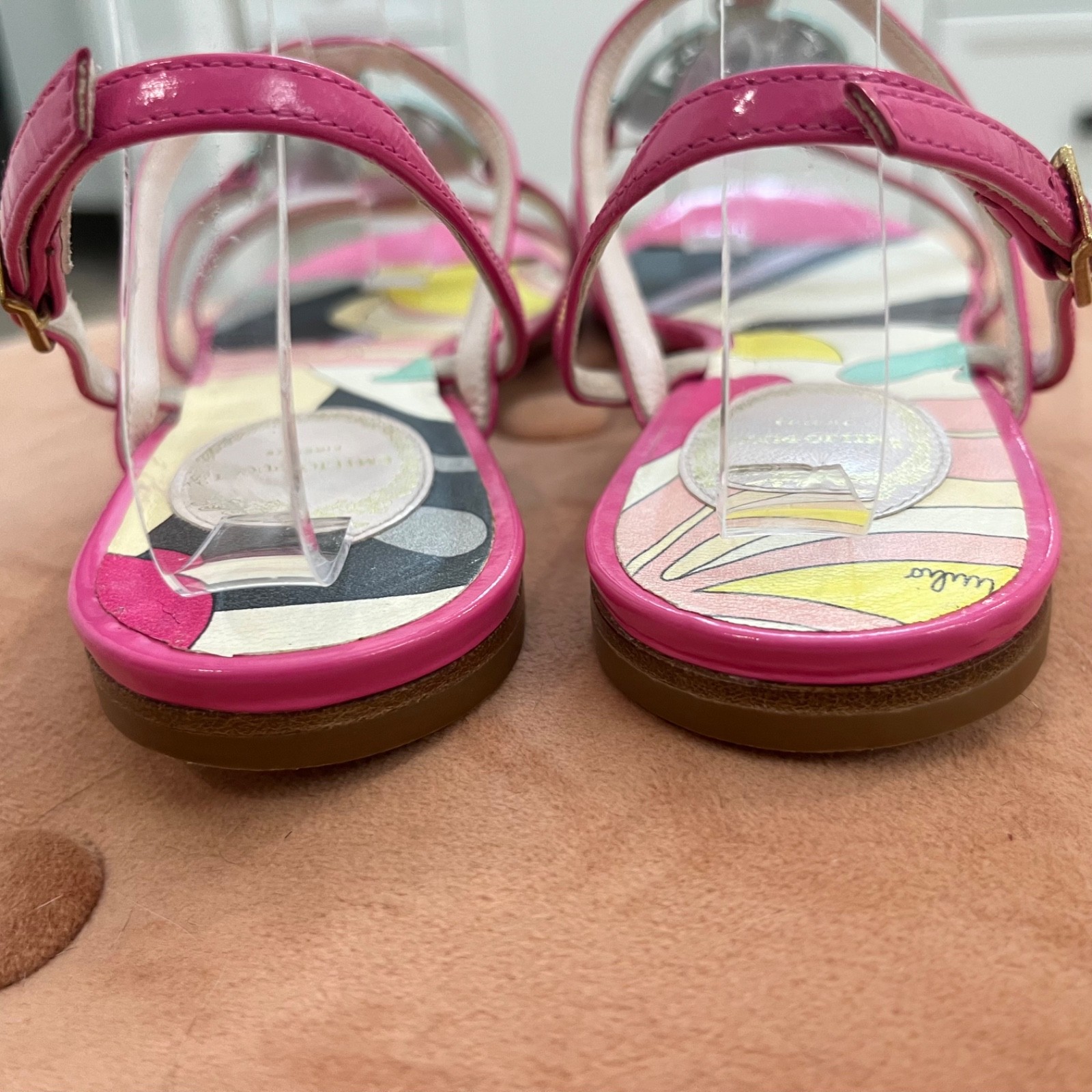 Emilio Pucci Leather Sandals Flats W Dust Bag Pink Green Logo Medallion- Size 37