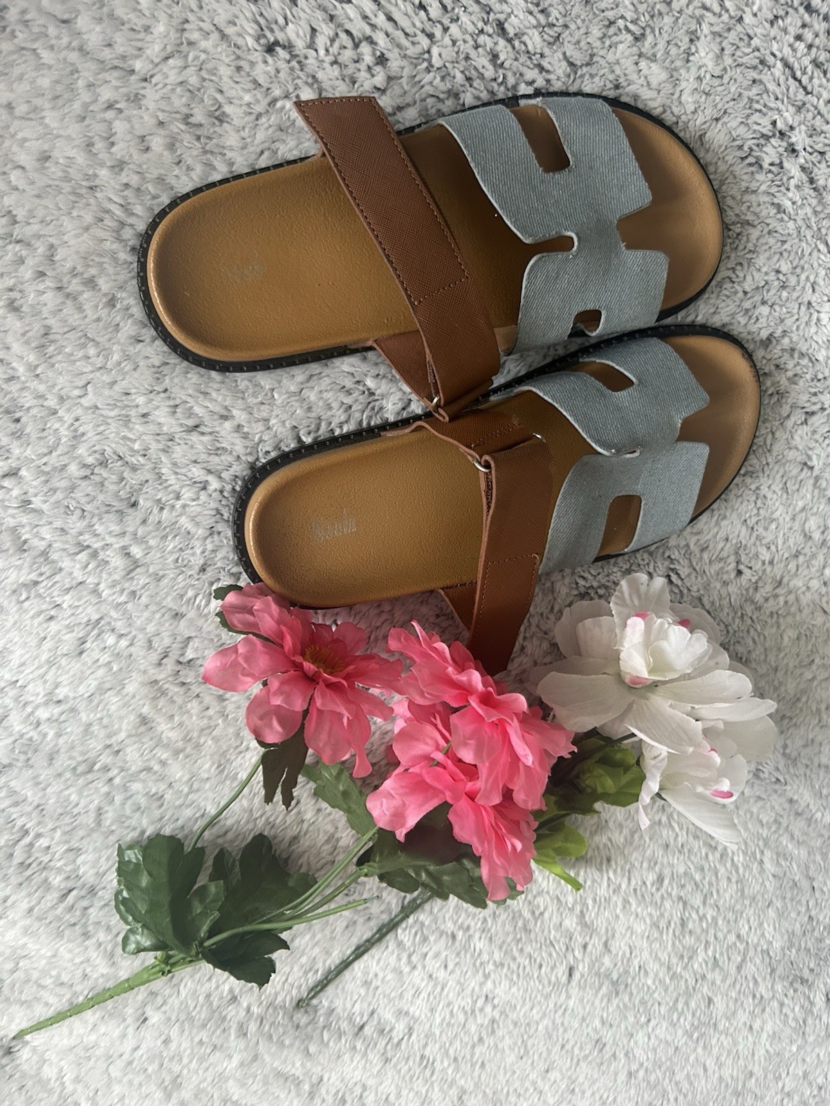 Brown Gray Strappy Slide Flat Sandals Women Synthetic Summer Casual