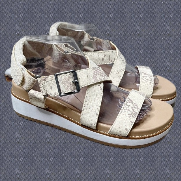 Lucky Brand Idenia Leather Snake Embossed Flatform Sandals Stucco Lomo Size 9.5M