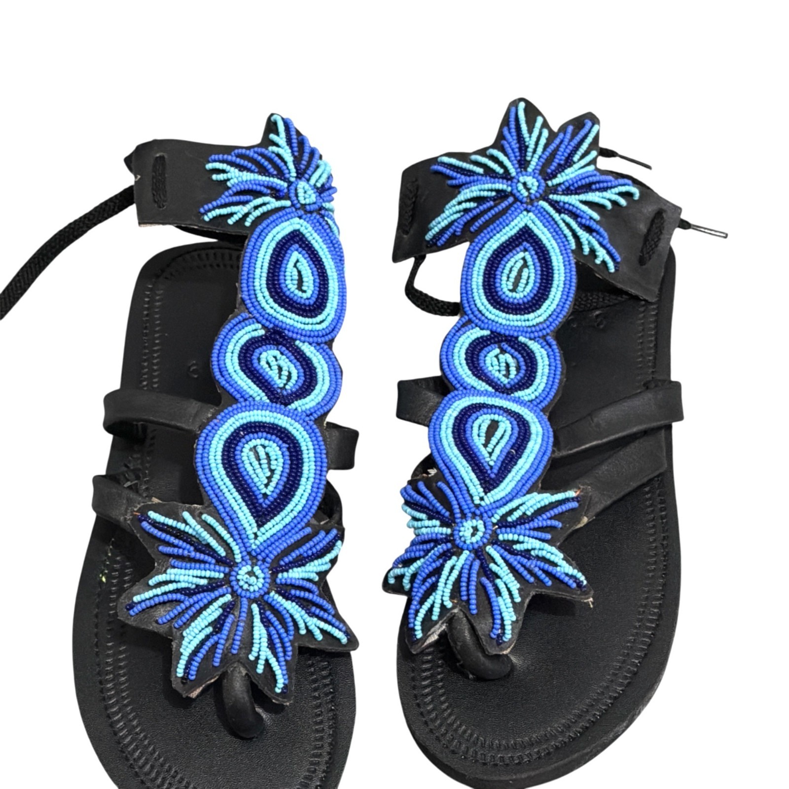 African Sandals Womens 8.5 Black Leather Masai Beadwork Gladiator Tribal Artsy
