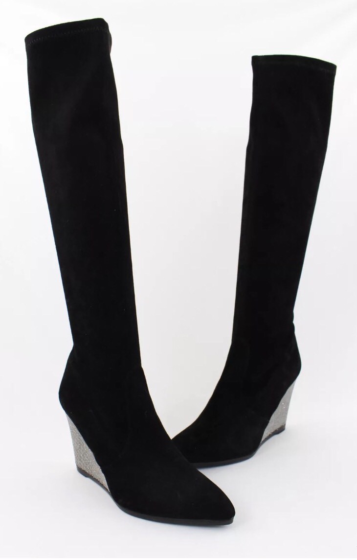 Stuart Weitzman Jefe Demiswoon Black Suede Iridescent Metallic Knee High Boots