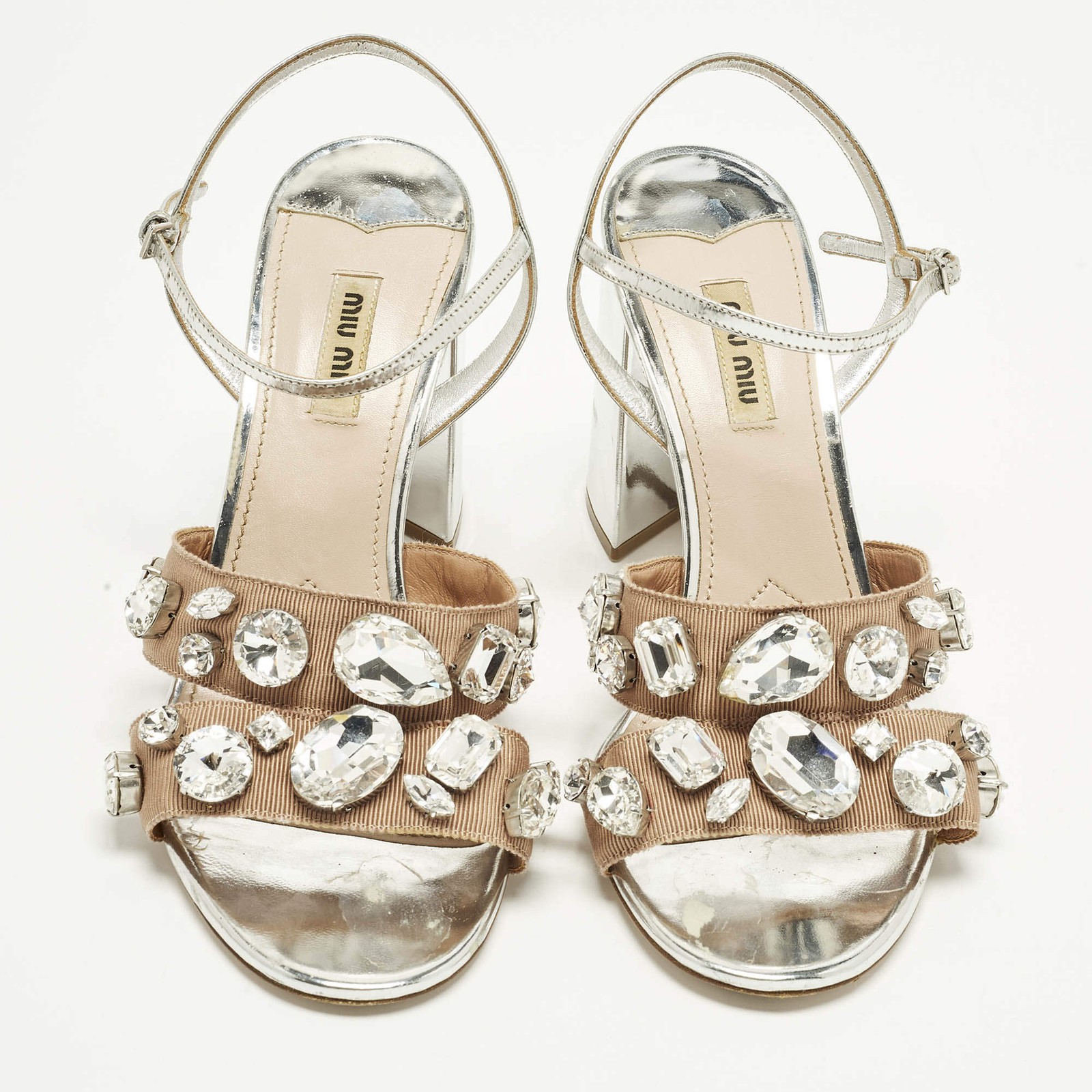Miu Miu Size 40 Silver Leather Crystal Embellished Ankle Strap Sandals