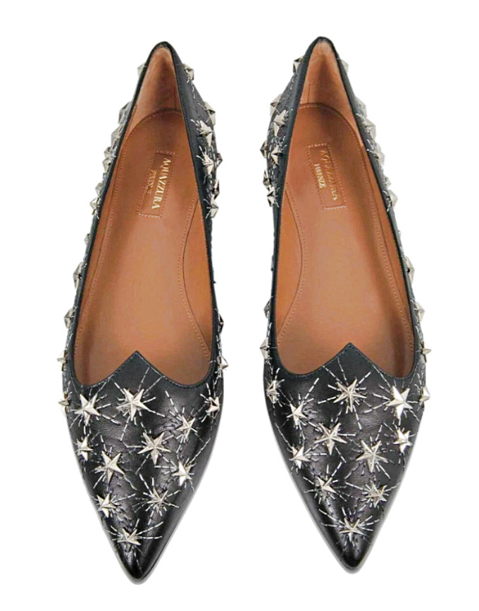 AQUAZZURA Cosmic Star Pointy Toe Flats in Black Silver sz US 6 – IT 36