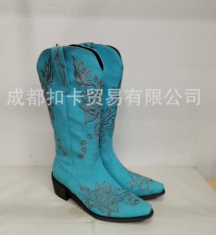 Embroidery Floral Women’s Pull on Square Toe Calf Knee High Western Boots Cowboy