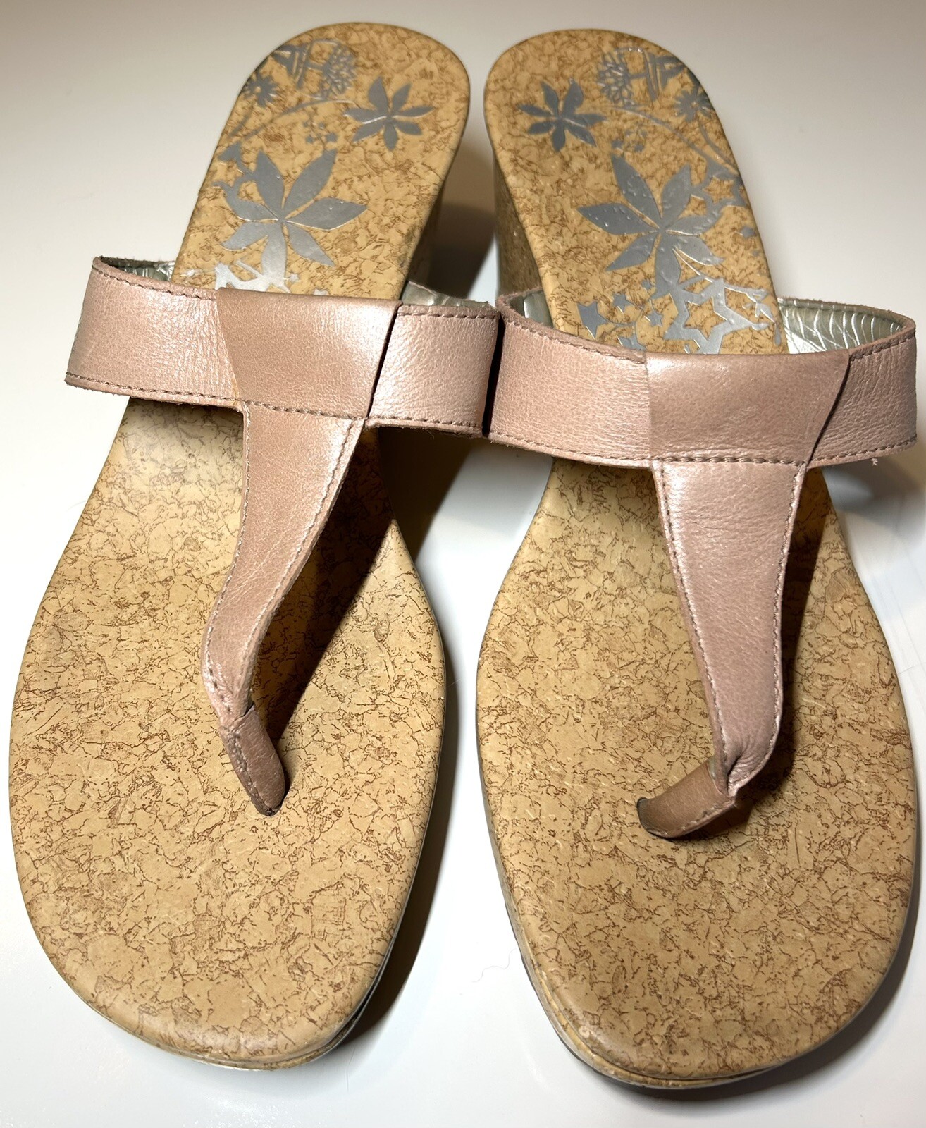 TIMBERLAND Cork Wedge Flip Flop SIZE 9 Tan Leather Thong Slip On Sandal Floral