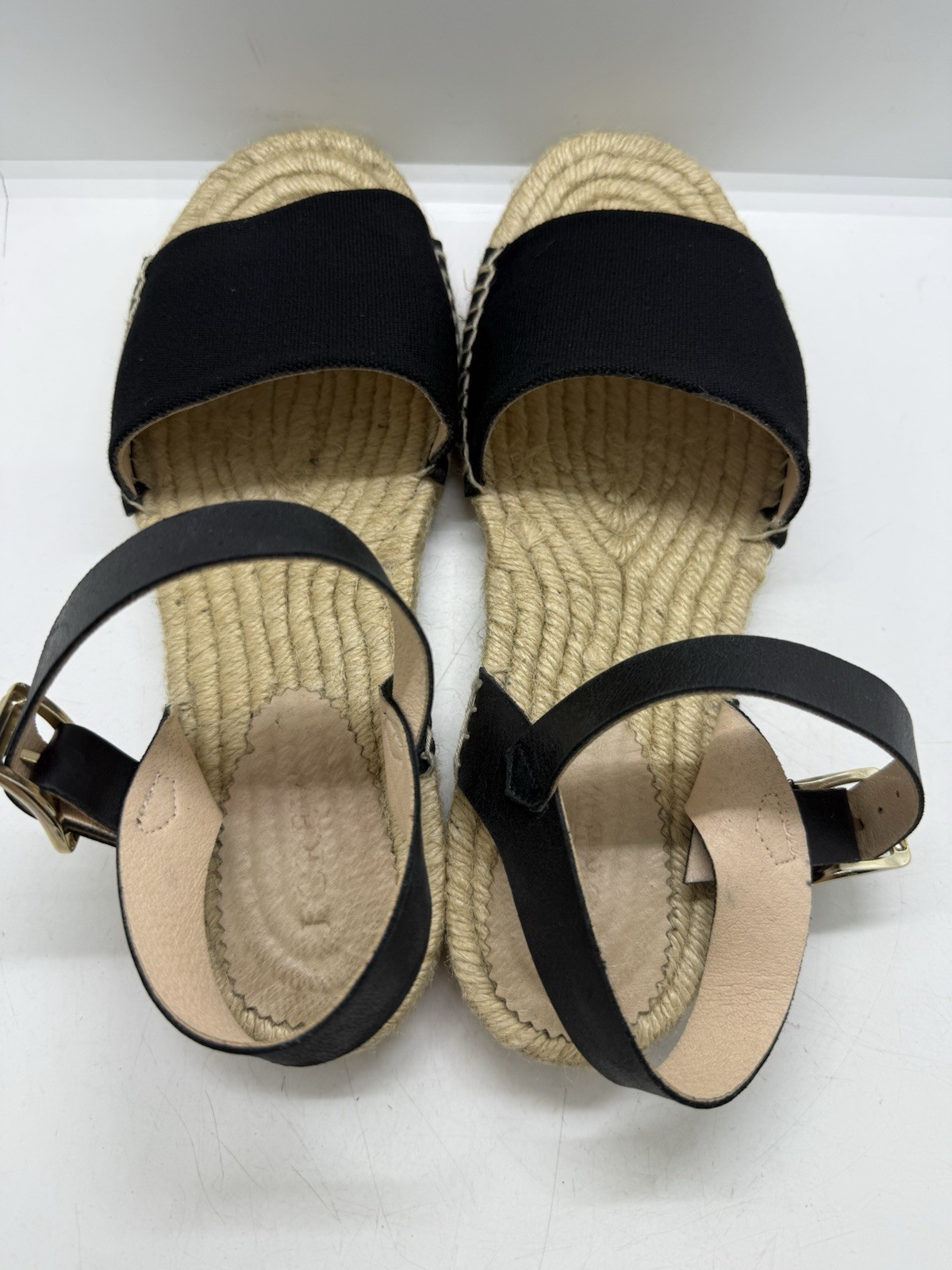 J.Crew Ankle Strap Espadrilles Black Textile Leather Sz 10 BT392 Spain Beach
