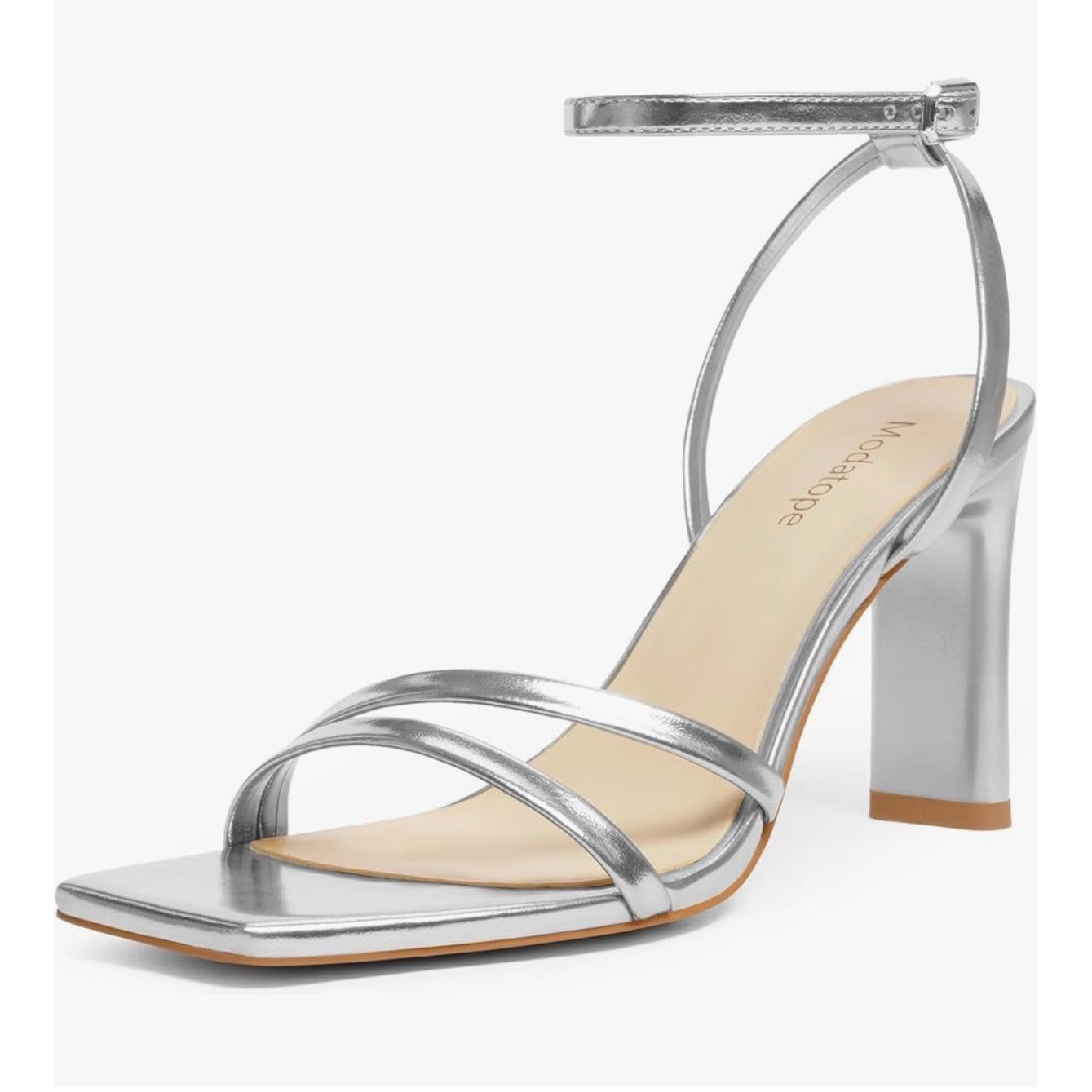 Modatope Silver Metallic Strappy Square Toe Block Heel Sandals Womens 6.5