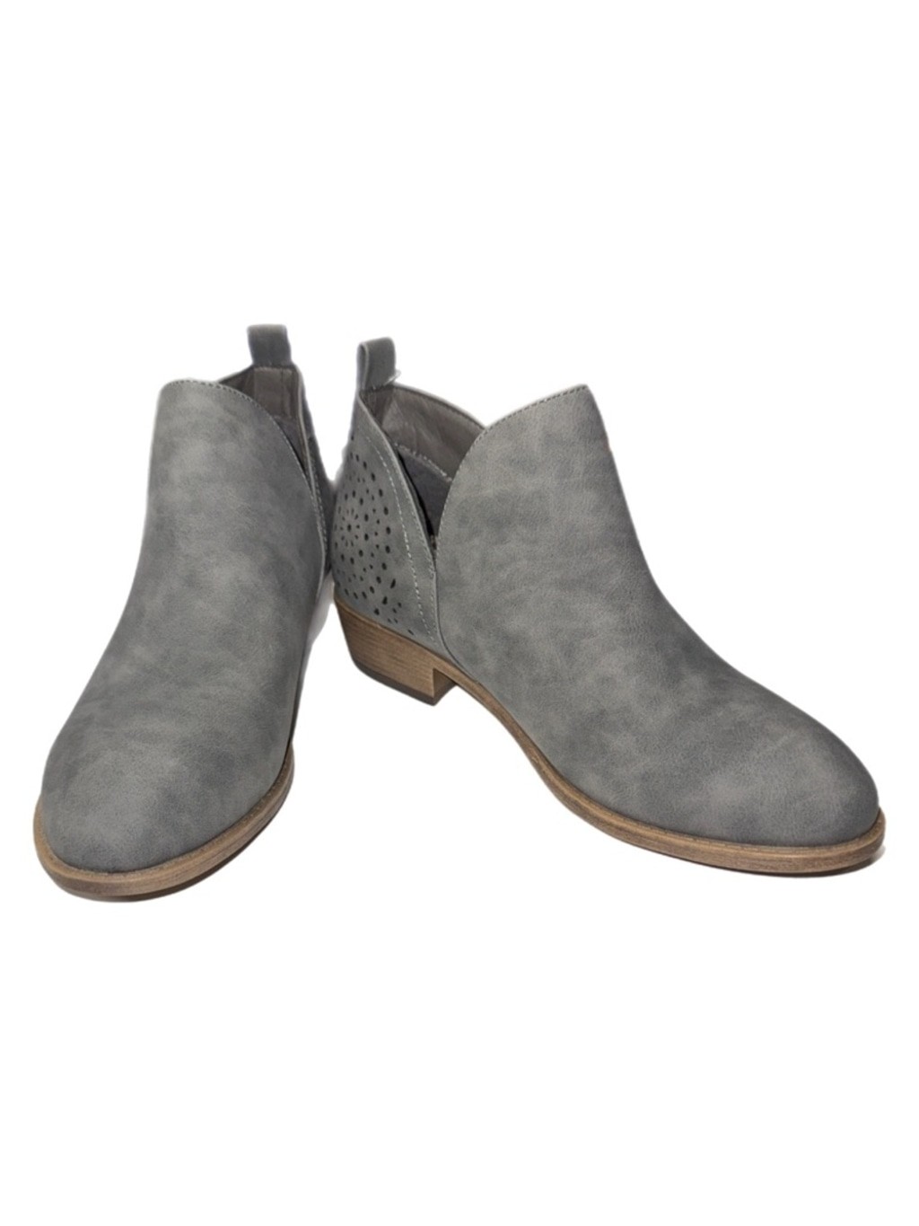 Vepose – Gray Ankle Boots – Stacked Heel – Slip‑On Cutout Booties – Women’s 8