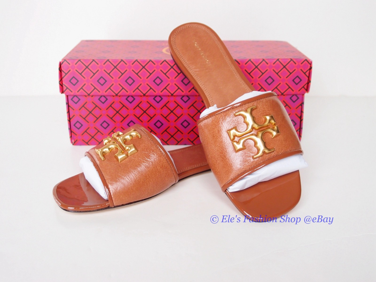 NIB Tory Burch Eleanor Leather Slides Bourbon Brown Tan US 8 8.5 9 AUTHENTC