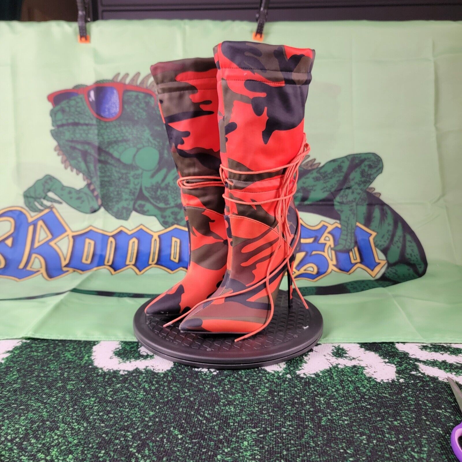 Camouflage Women’s Stilettos Ankle Boots (Slouch) Red/Green/Black/Brown Size 8