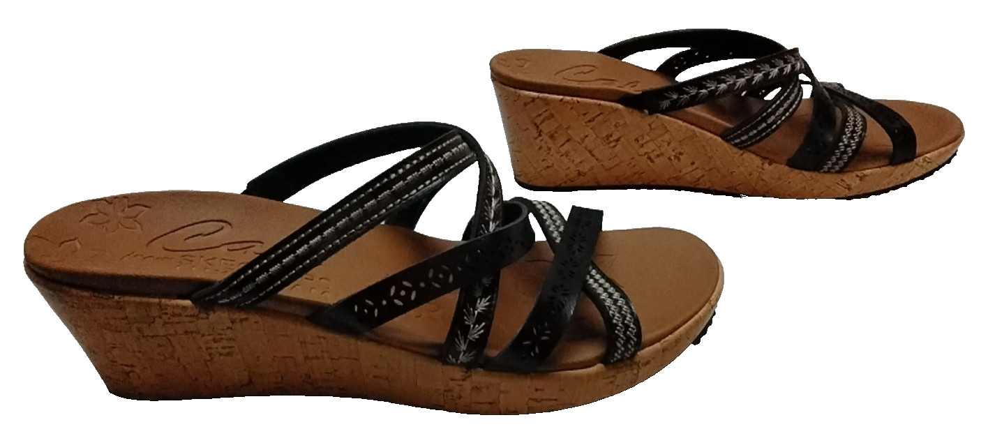Women’s 10 M CALI From SKECHERS Black Strappy Sandals Luxe Foam Cork Wedge 31714