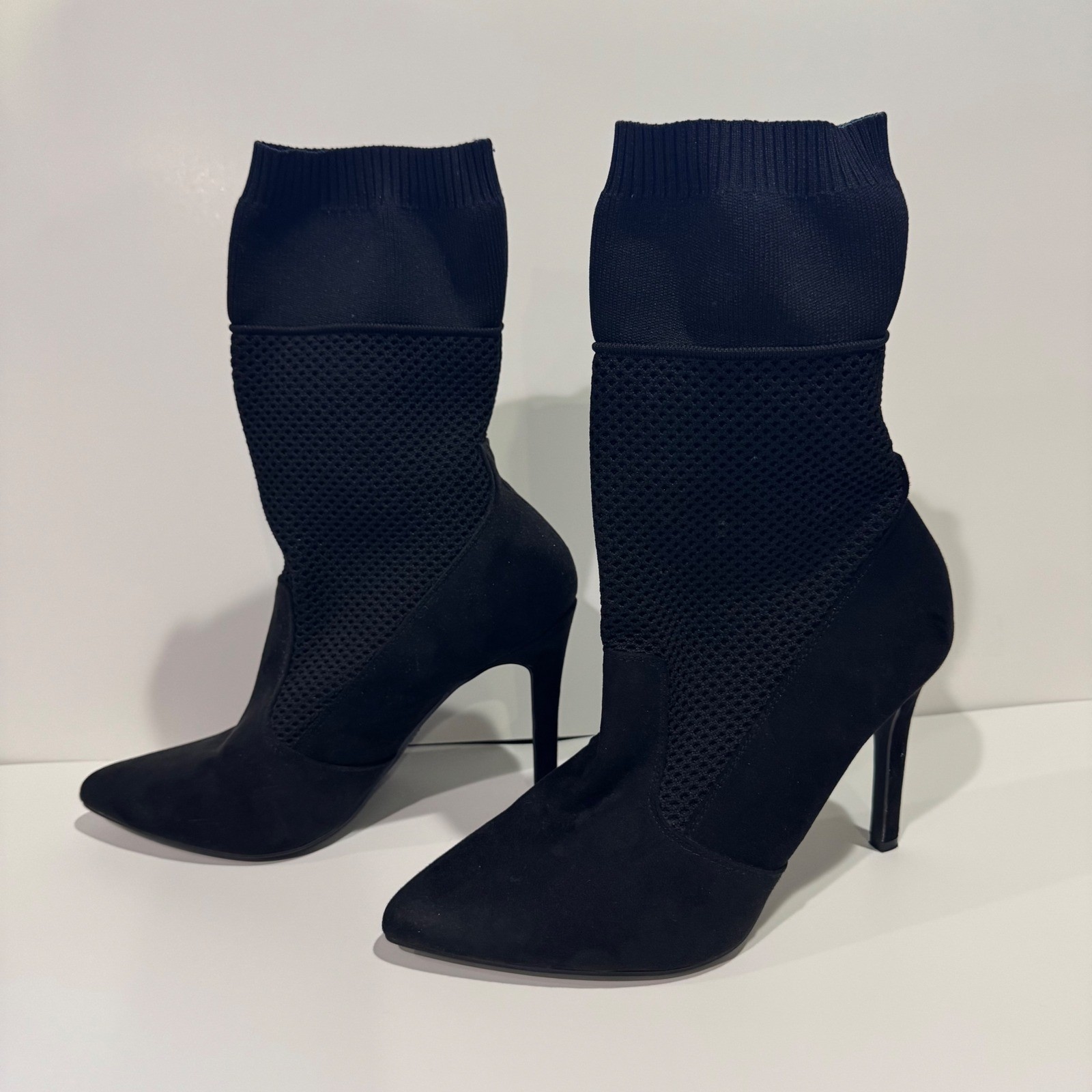 Anne Michelle Black Sock Booties Mesh Knit Stiletto Pointed Toe Mid Calf Size 8