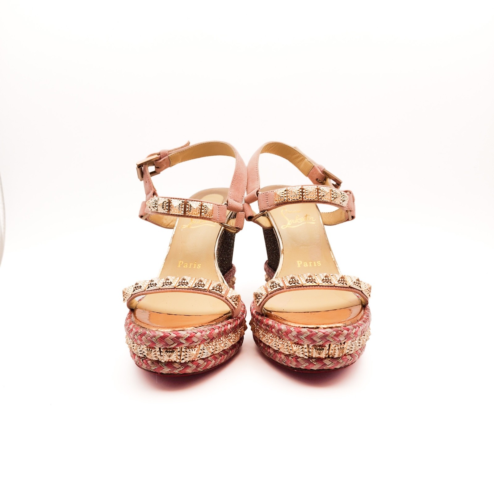 Christian Louboutin Pink Rose Gold Glitter Espadrille Platform Sandals EU 36