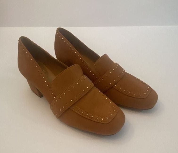 Franco Sarto Lance Studded Block Heel Loafers in Camel Suede