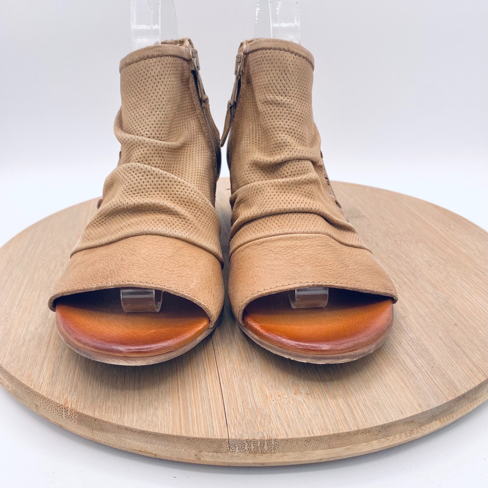 Miz Mooz Boots Womens 6.5 37 Tan Leather Ruched Ankle Booties Peep