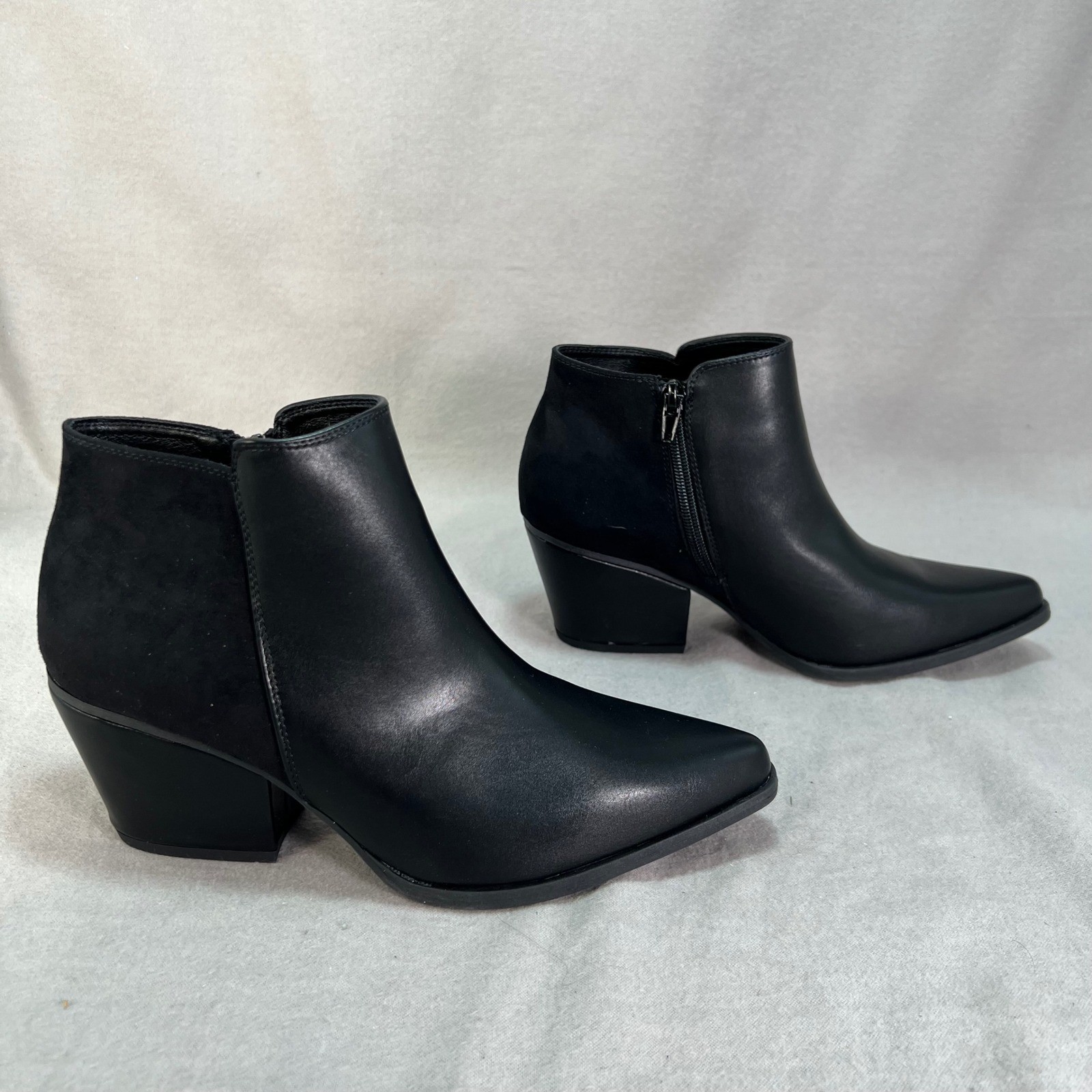 Black Pointed Toe Block Heel Ankle Booties Edgy Street Style Night Out 7.5