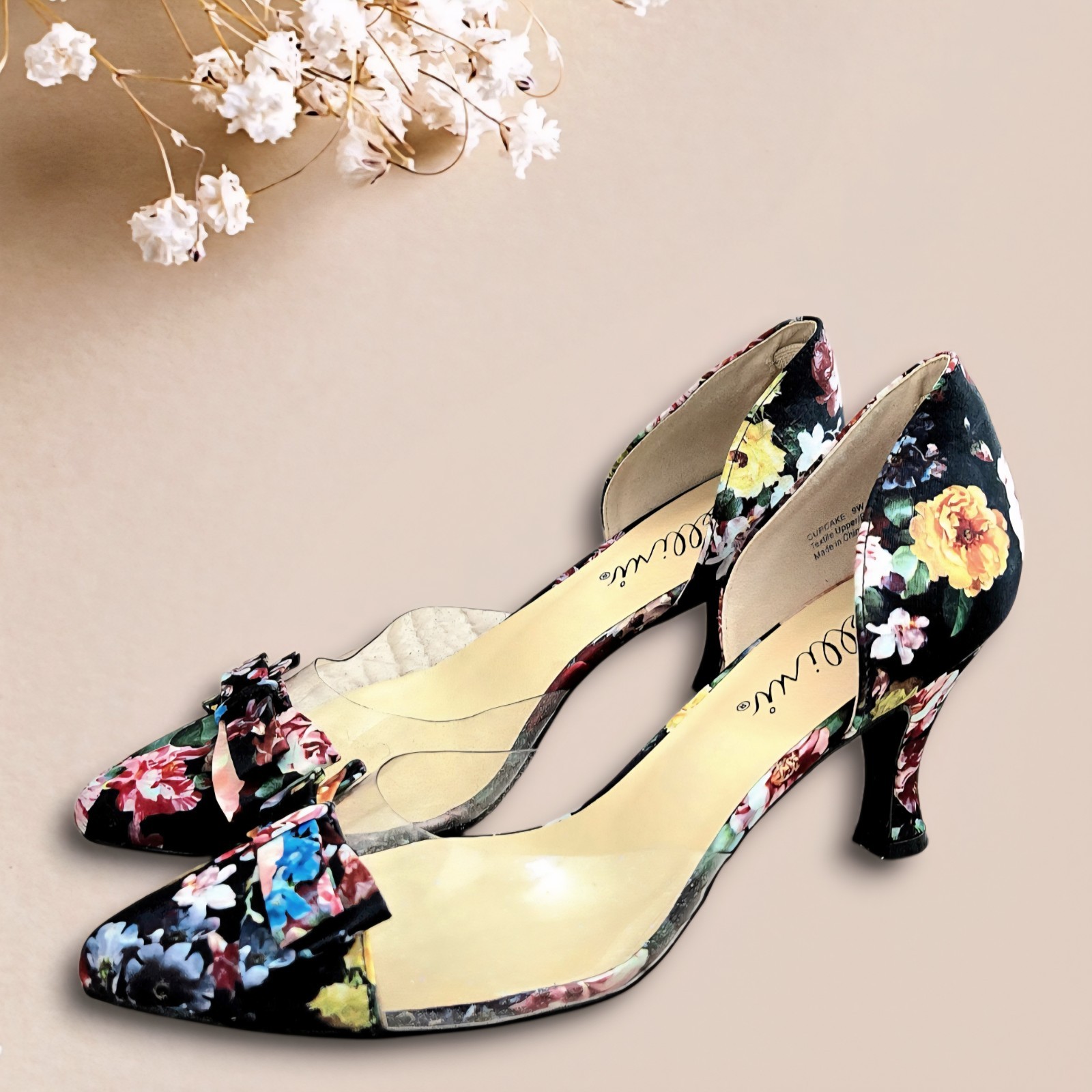 Bellini Cupcake Kitten Heel Pumps Black Floral/Lucite Sz 9W Coquette Cottagecore