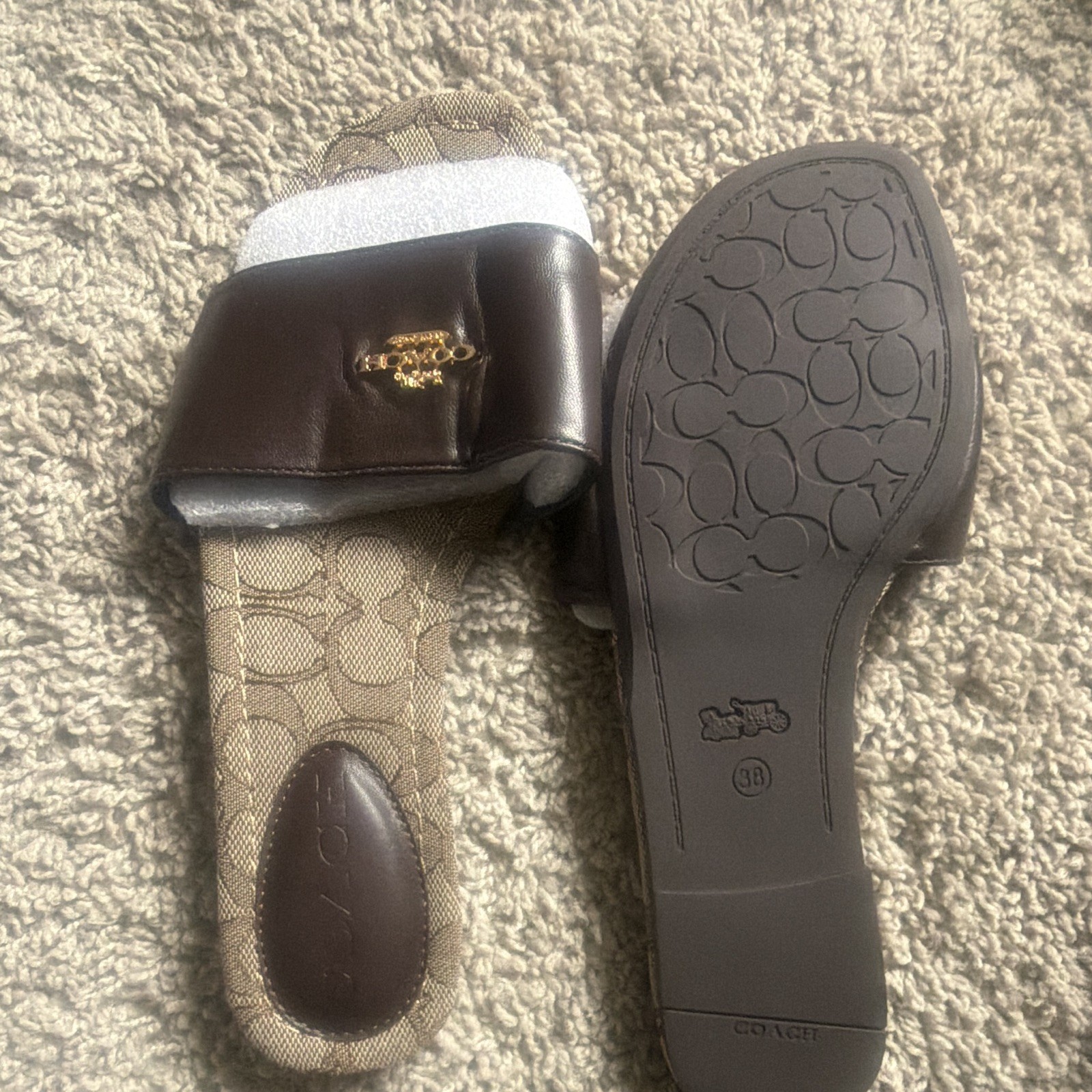 Coach Women’s Brown/Beige Signature Logo Leather Slide Sandals Slip-On US 7