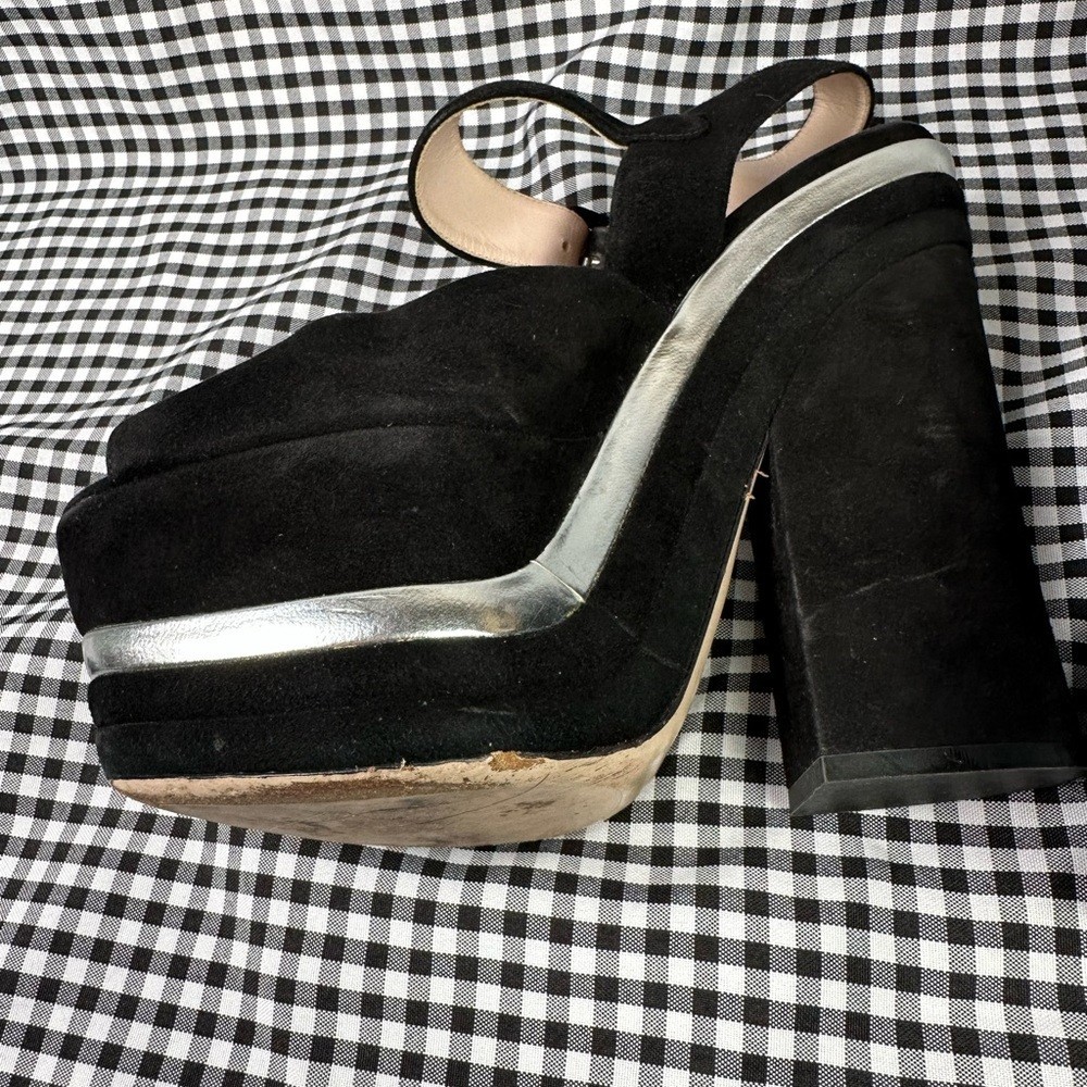 Miu Miu Black Silver Metallic 70s Disco Style Suede Platform Sandals EU 38 US 8