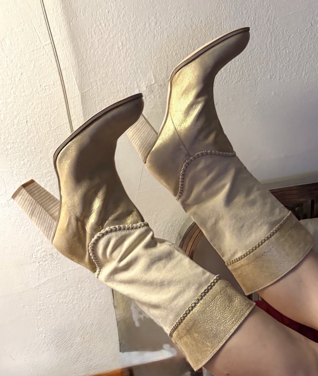 Luxury Boutique 58 Gold Ankle Boots Size 39. Gold Leather and Beige Canvas.