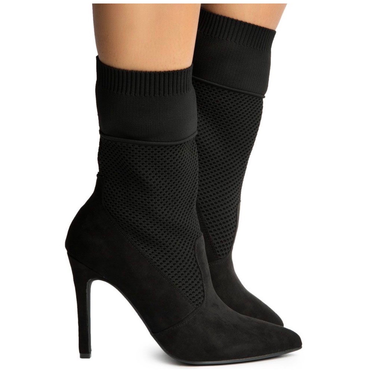 Anne Michelle Black Sock Booties Mesh Knit Stiletto Pointed Toe Mid Calf Size 8