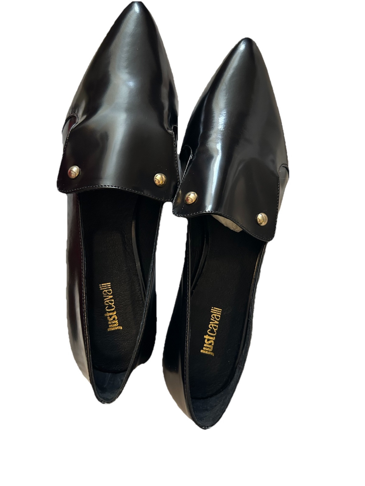 NWB Just Cavalli Black Leather Point Toe Flat Shoes EU 39 US 9