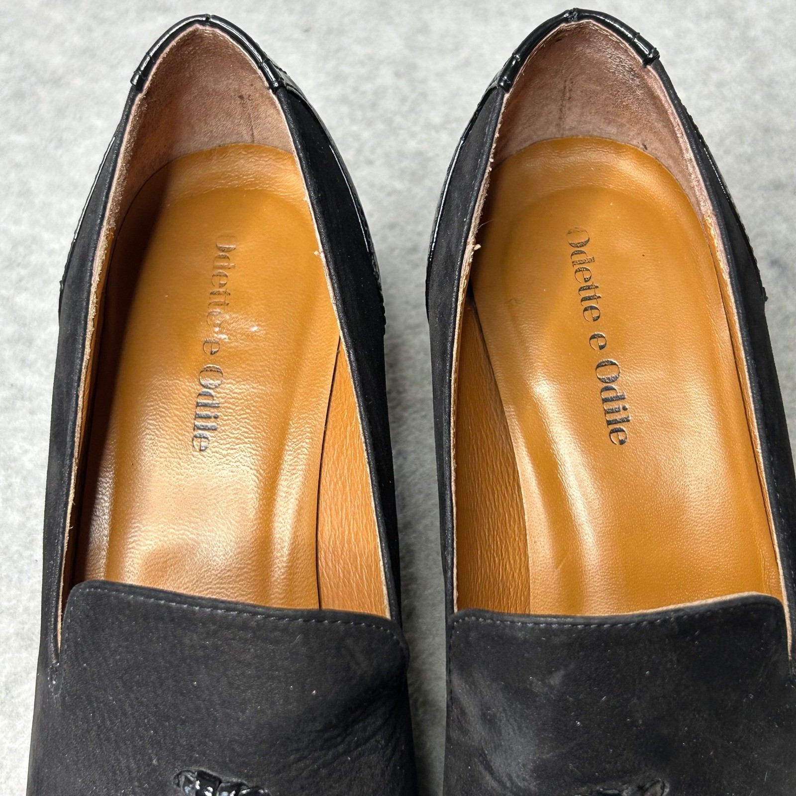 Odette e Odile Black Suede Patent Block Heel Tassel Loafers Made Japan 24 US 7