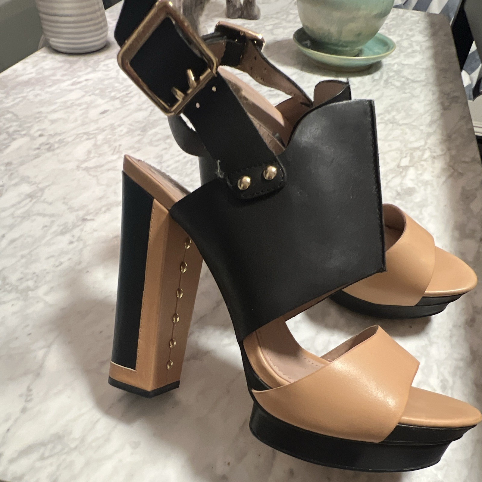 Women’s Black/Beige Colorblock Platform Block Heel Sandals Open Toe 11M