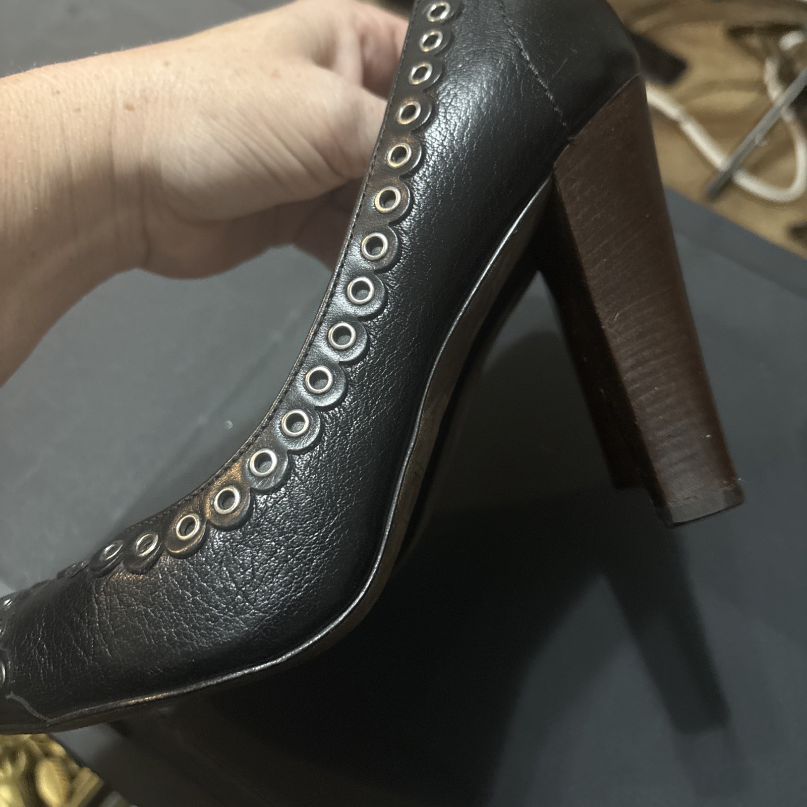 Marc by Marc Jacobs Fits Like 7.5,EU 36.5 Black Leather Studded Wood Heels Pumps