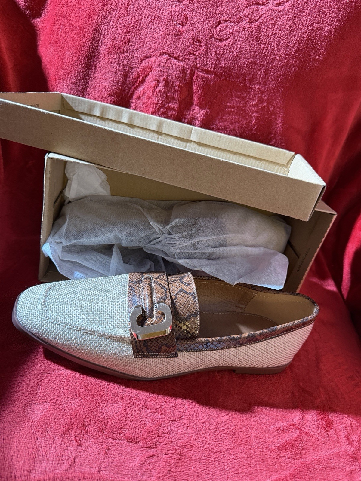 Beige Brown Snake Print Buckle Slip On Loafer Flats Square Toe for Women