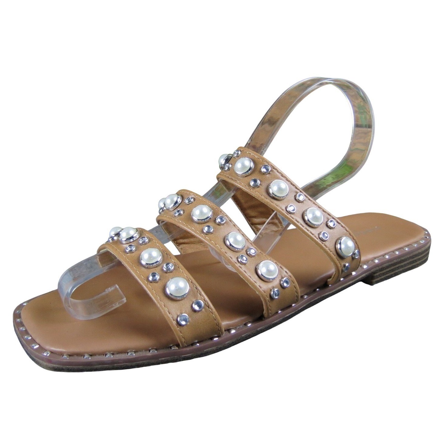 Madden Girl Heave Women’s 7 Tan Slide Sandals Studded Pearl Casual Slip-On